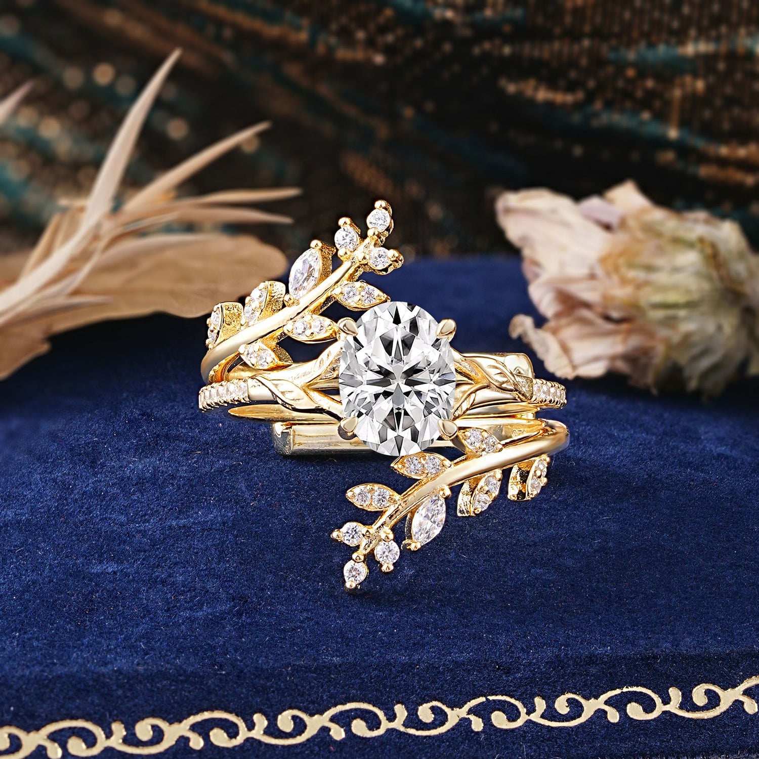 Delicate Leaf Embellished 4 - Prong Oval - Cut Lab Diamond Bridal Ring Set