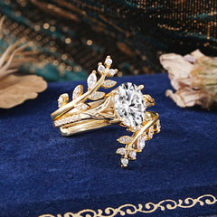 Delicate Leaf Embellished 4 - Prong Oval - Cut Lab Diamond Ring Sets