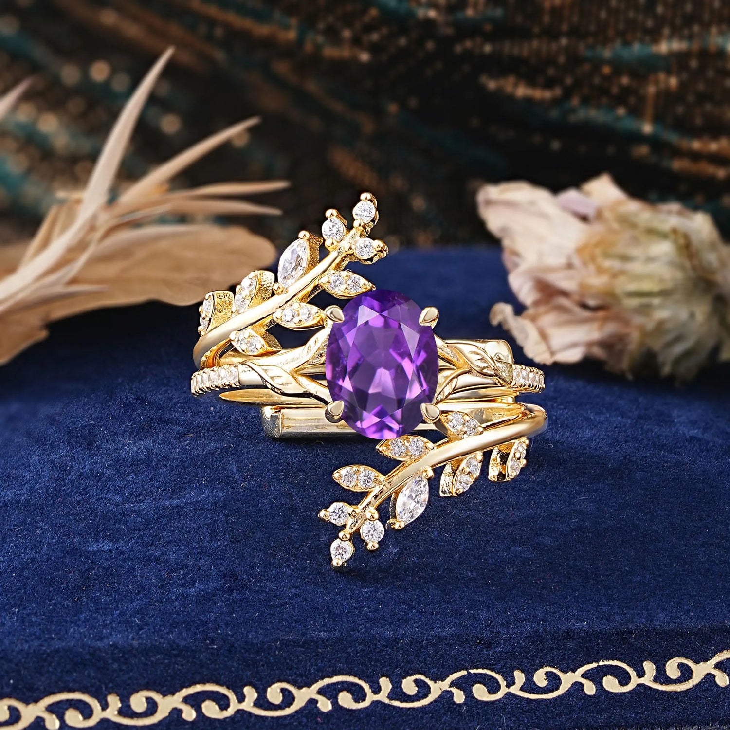 Delicate Leaf Embellished 4 - Prong Oval - Cut Amethyst Bridal Ring Set