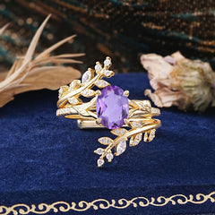 Delicate Leaf Embellished 4 - Prong Oval - Cut Amethyst Ring Sets