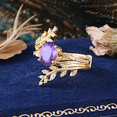 Delicate Leaf Embellished 4 - Prong Oval - Cut Amethyst Ring Sets