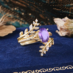 Delicate Leaf Embellished 4 - Prong Oval - Cut Amethyst Ring Sets