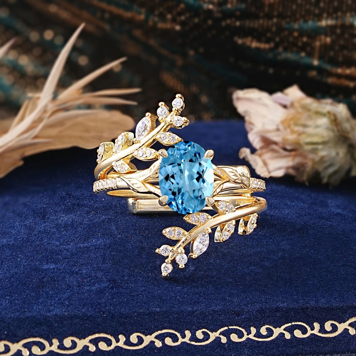 Delicate Leaf Embellished 4 - Prong Oval - Cut Aquamarine Bridal Ring Set