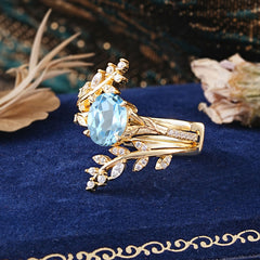 Delicate Leaf Embellished 4 - Prong Oval - Cut Natural Aquamarine Ring Sets