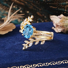 Delicate Leaf Embellished 4 - Prong Oval - Cut Aquamarine Ring Sets