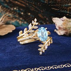Delicate Leaf Embellished 4 - Prong Oval - Cut Natural Aquamarine Ring Sets
