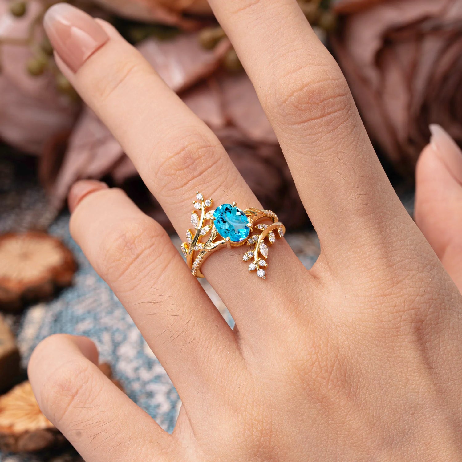 Delicate Leaf Embellished 4 - Prong Oval - Cut Aquamarine Bridal Ring Set