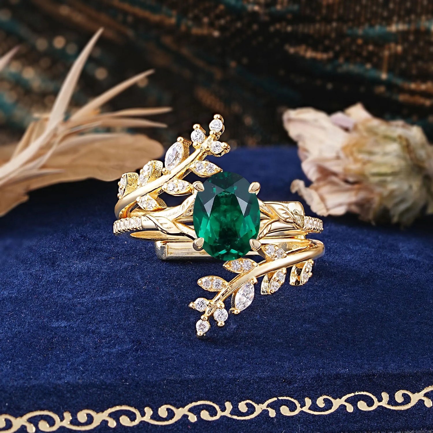 Delicate Leaf Embellished 4 - Prong Oval - Cut Emerald Bridal Ring Set