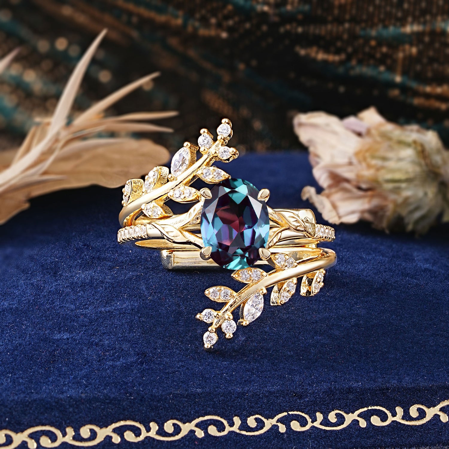 Delicate Leaf Embellished 4 - Prong Oval - Cut Alexandrite Bridal Ring Set