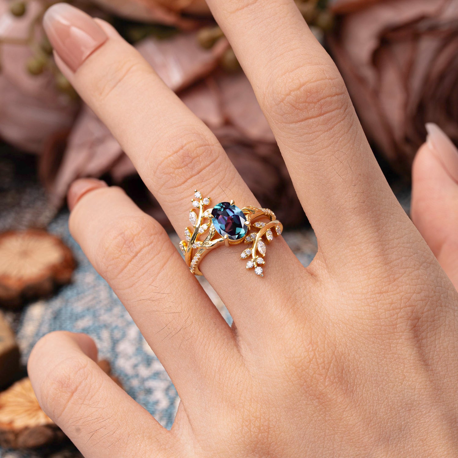 Delicate Leaf Embellished 4 - Prong Oval - Cut Alexandrite Bridal Ring Set