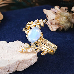 Delicate Leaf Embellished 4 - Prong Oval - Cut Moonstone Ring Sets