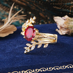 Delicate Leaf Embellished 4 - Prong Oval - Cut Natural Ruby Ring Sets