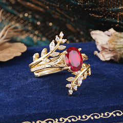 Delicate Leaf Embellished 4 - Prong Oval - Cut Natural Ruby Ring Sets