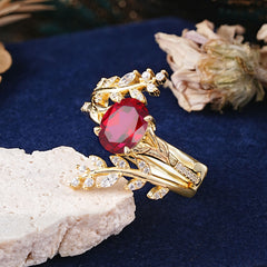 Delicate Leaf Embellished 4 - Prong Oval - Cut Natural Ruby Ring Sets