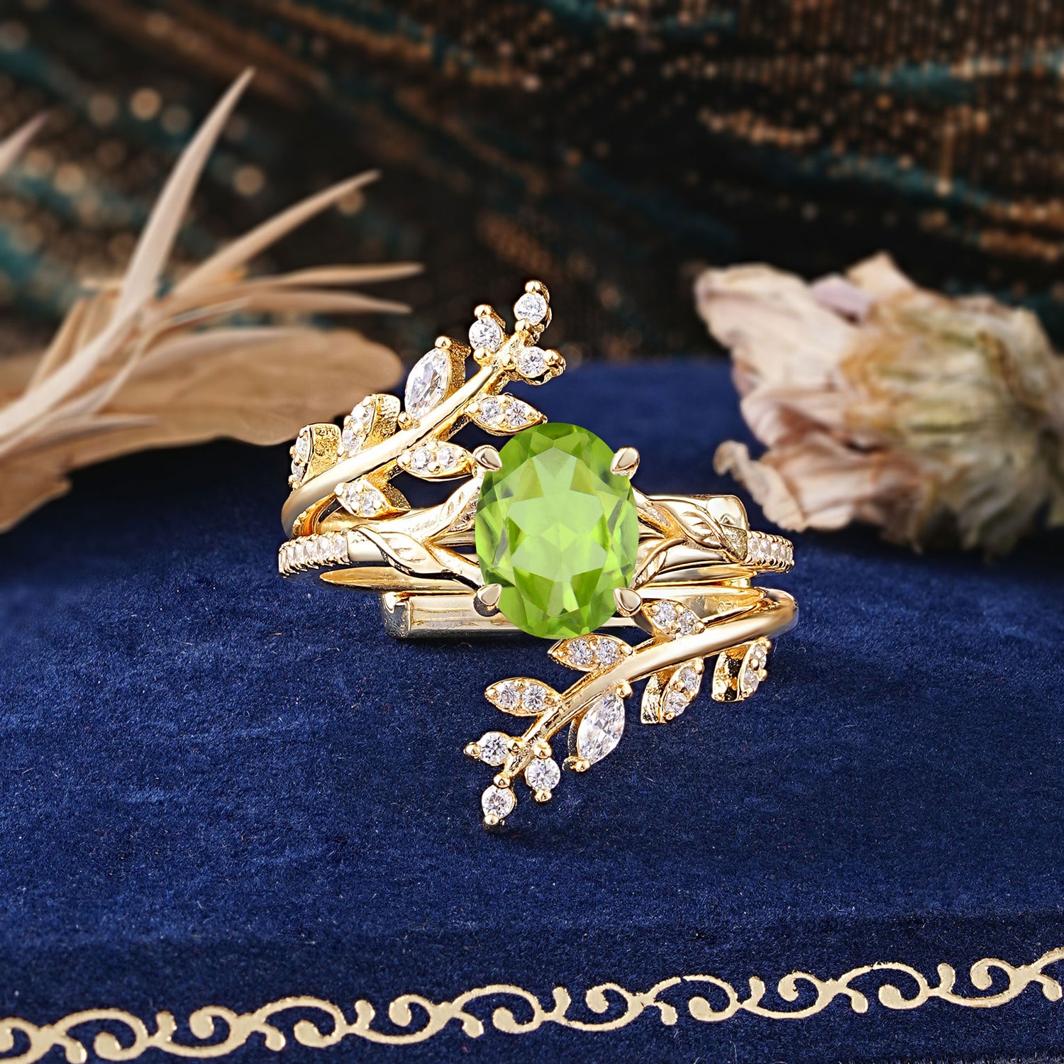 Delicate Leaf Embellished 4 - Prong Oval - Cut Peridot Bridal Ring Set