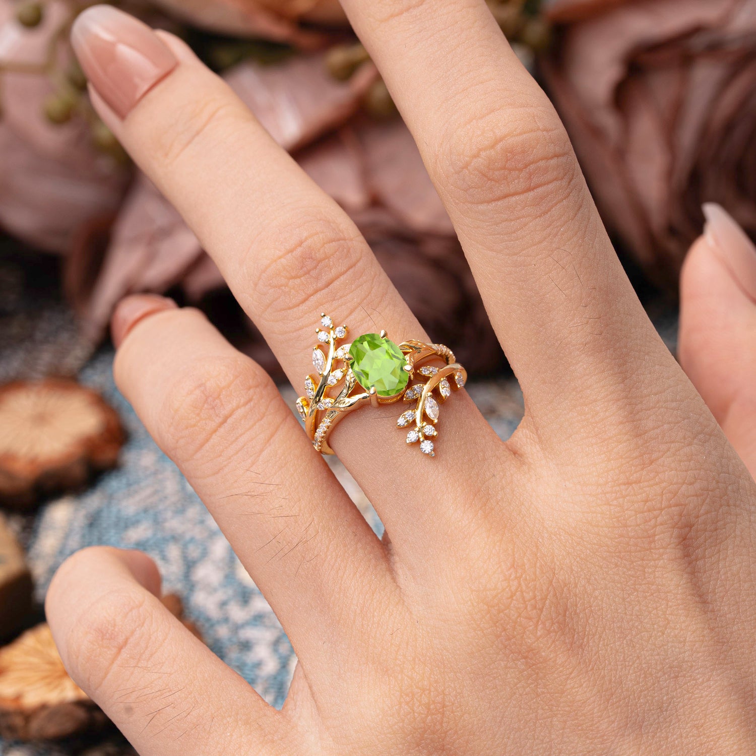Delicate Leaf Embellished 4 - Prong Oval - Cut Peridot Bridal Ring Set