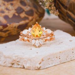 6 Prong Romantic Vine Themed Pear Cut Citrine Rings