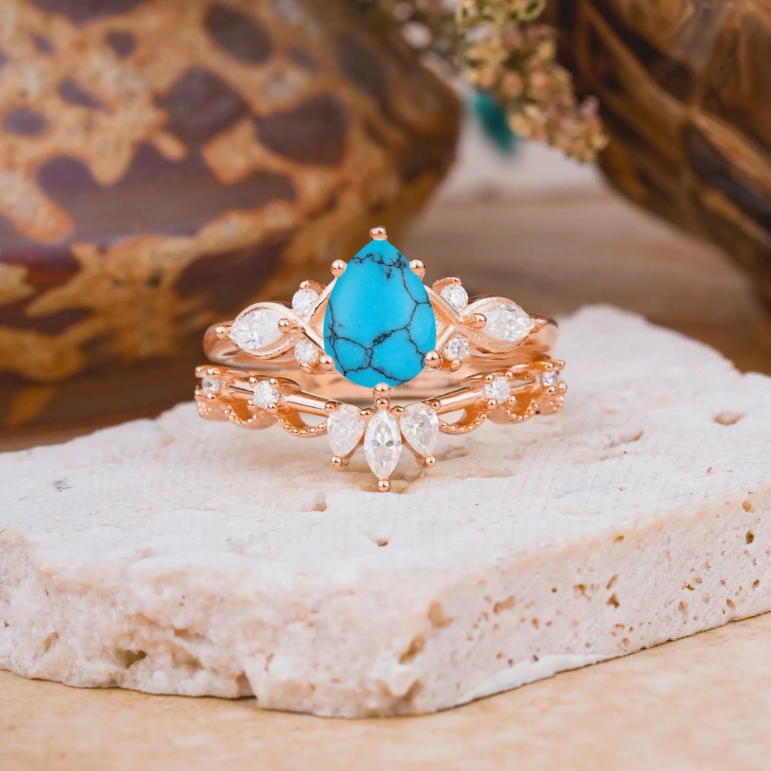 6 Prong Romantic Vine Themed Pear Cut Turquoise Bridal Ring Set