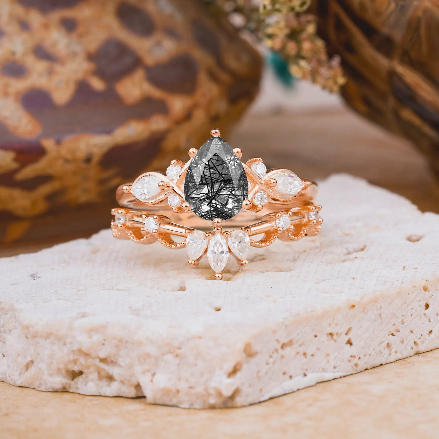 6 Prong Romantic Vine Themed Pear Cut Black Rutilated Quartz Bridal Ring Set