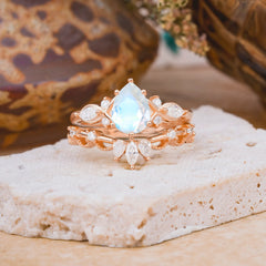 6 Prong Romantic Vine Themed Pear Cut Moonstone Rings