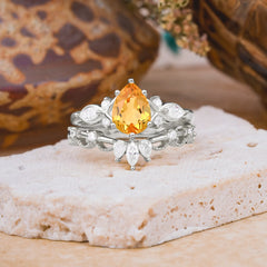 6 Prong Romantic Vine Themed Pear Cut Citrine Rings