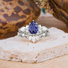 6 Prong Romantic Vine Themed Pear Cut Tanzanite Rings