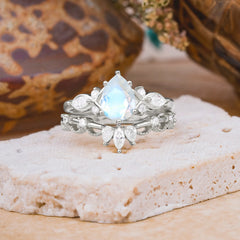 6 Prong Romantic Vine Themed Pear Cut Moonstone Rings