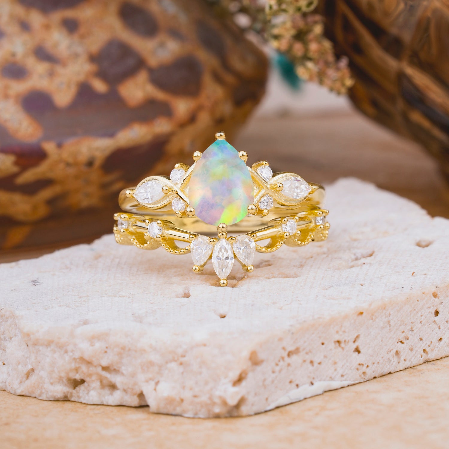 6 Prong Romantic Vine Themed Pear Cut Opal Bridal Ring Set