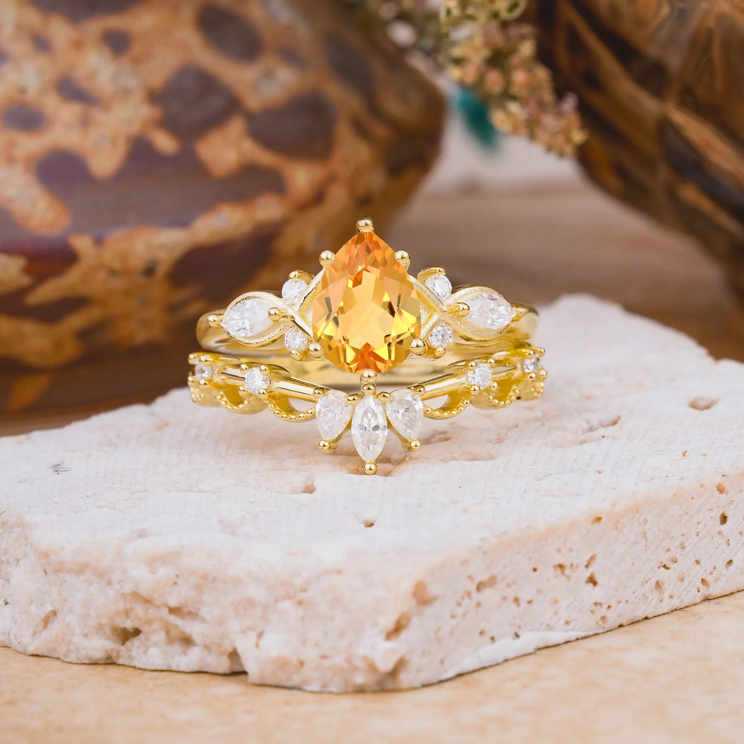6 Prong Romantic Vine Themed Pear Cut Citrine Bridal Ring Set