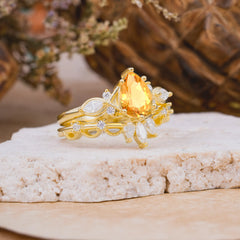 6 Prong Romantic Vine Themed Pear Cut Citrine Rings