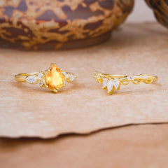 6 Prong Romantic Vine Themed Pear Cut Citrine Rings