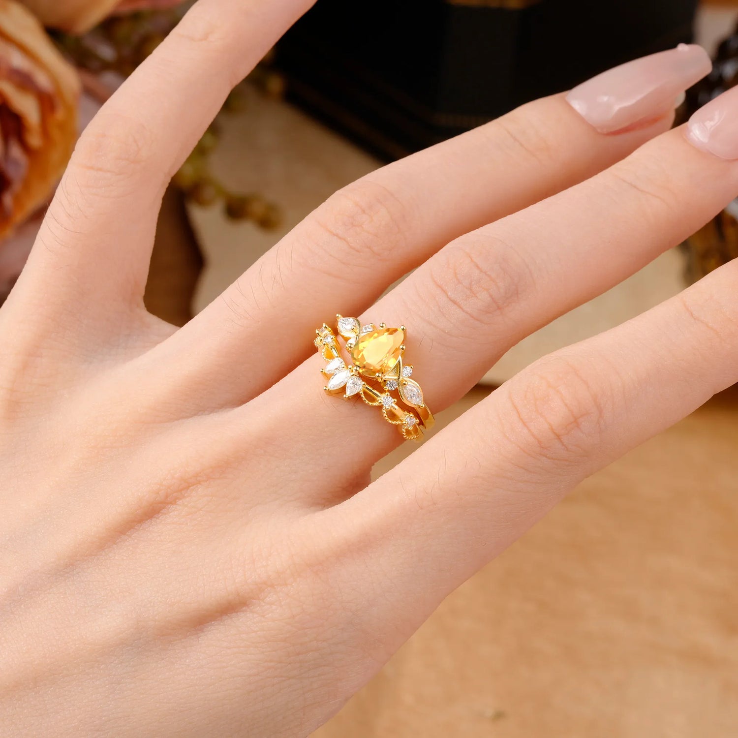 6 Prong Romantic Vine Themed Pear Cut Citrine Bridal Ring Set