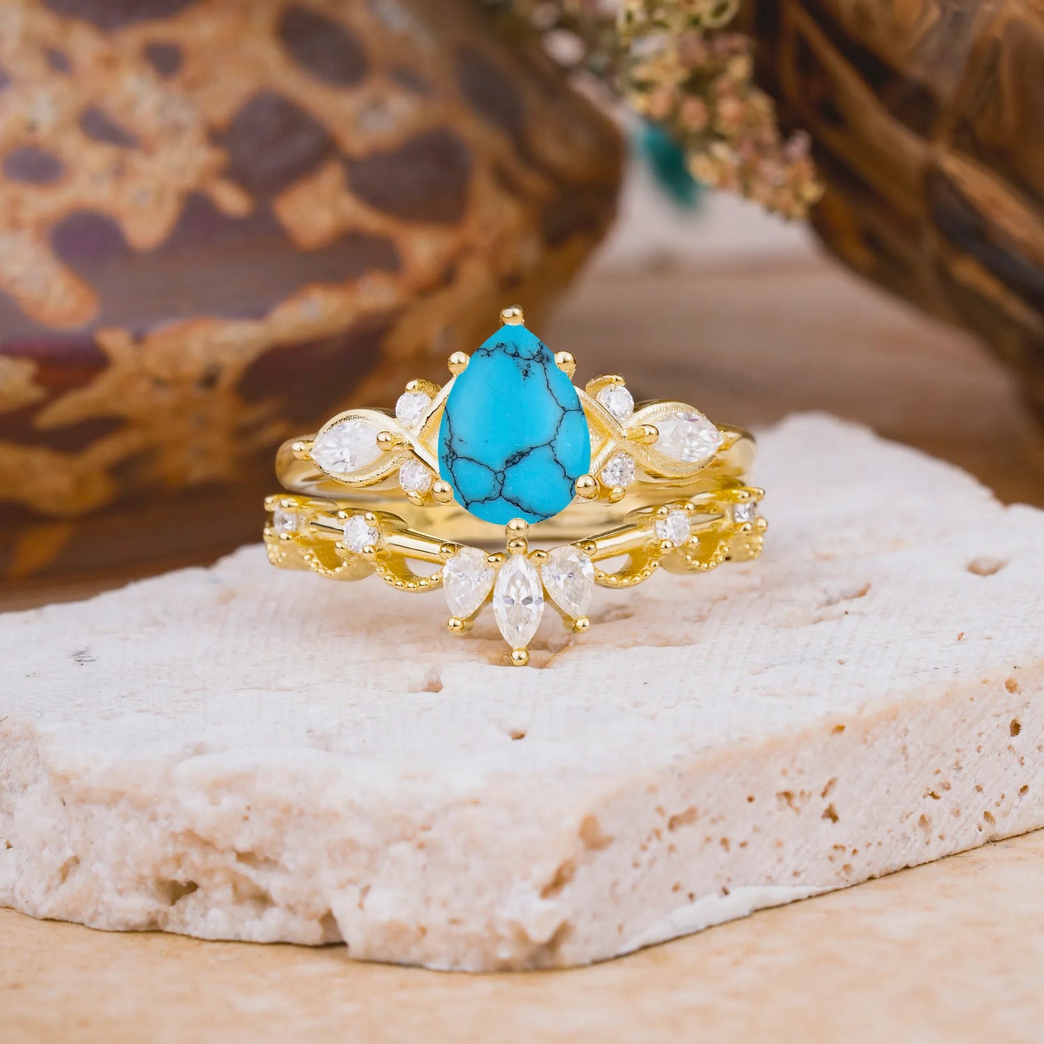 6 Prong Romantic Vine Themed Pear Cut Turquoise Bridal Ring Set