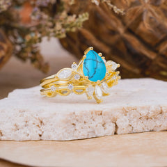6 Prong Romantic Vine Themed Pear Cut Turquoise Rings