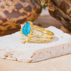 6 Prong Romantic Vine Themed Pear Cut Turquoise Rings