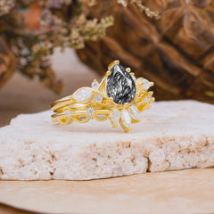 6 Prong Romantic Vine Themed Pear Cut Black Rutilated Quartz Rings