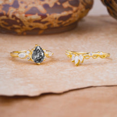 6 Prong Romantic Vine Themed Pear Cut Black Rutilated Quartz Rings