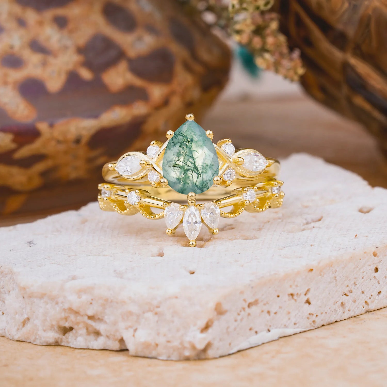 6 Prong Romantic Vine Themed Pear Cut Moss Agate Bridal Ring Set