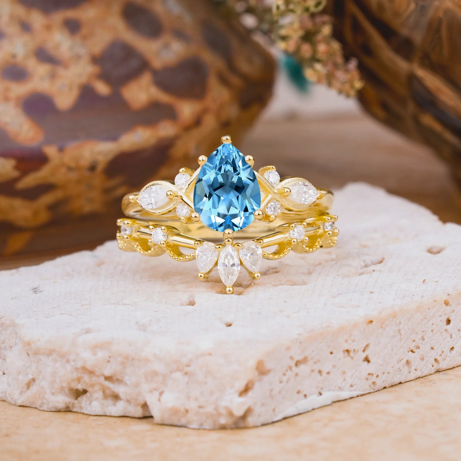 6 Prong Romantic Vine Themed Pear Cut Aquamarine Bridal Ring Set
