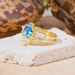 6 Prong Romantic Vine Themed Pear Cut Aquamarine Rings