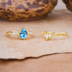 6 Prong Romantic Vine Themed Pear Cut Aquamarine Rings