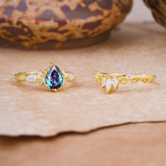 6 Prong Romantic Vine Themed Pear Cut Alexandrite Rings