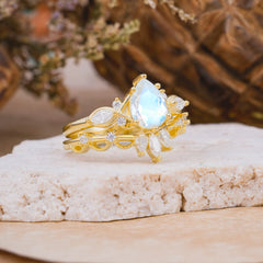 6 Prong Romantic Vine Themed Pear Cut Moonstone Rings