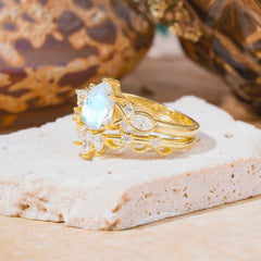 6 Prong Romantic Vine Themed Pear Cut Moonstone Rings