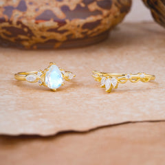 6 Prong Romantic Vine Themed Pear Cut Moonstone Rings