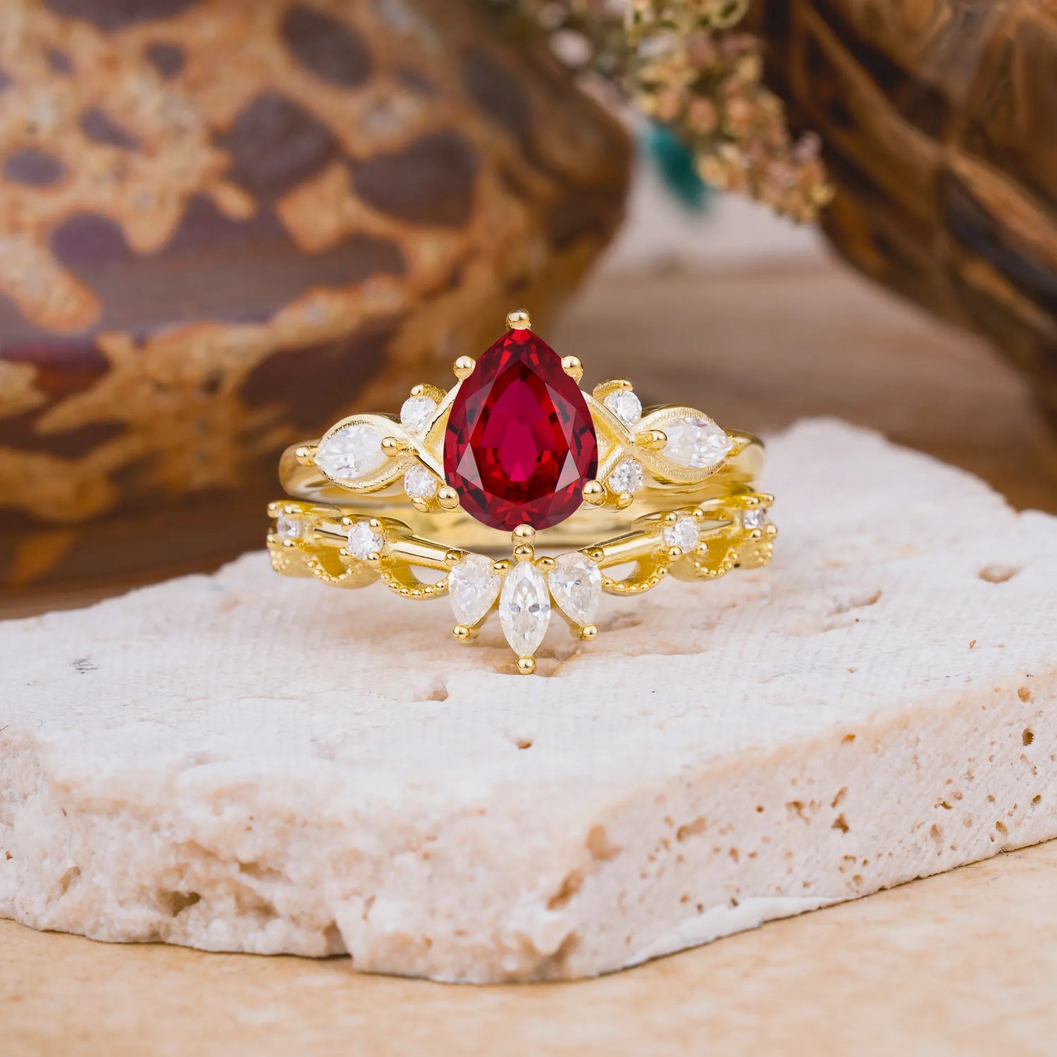 6 Prong Romantic Vine Themed Pear Cut Ruby Bridal Ring Set