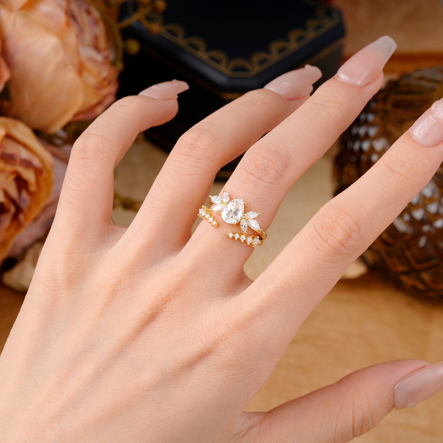 Vintage - Style 4 - Prong Pear - Shaped Moissanite Stackable Bridal Ring Set