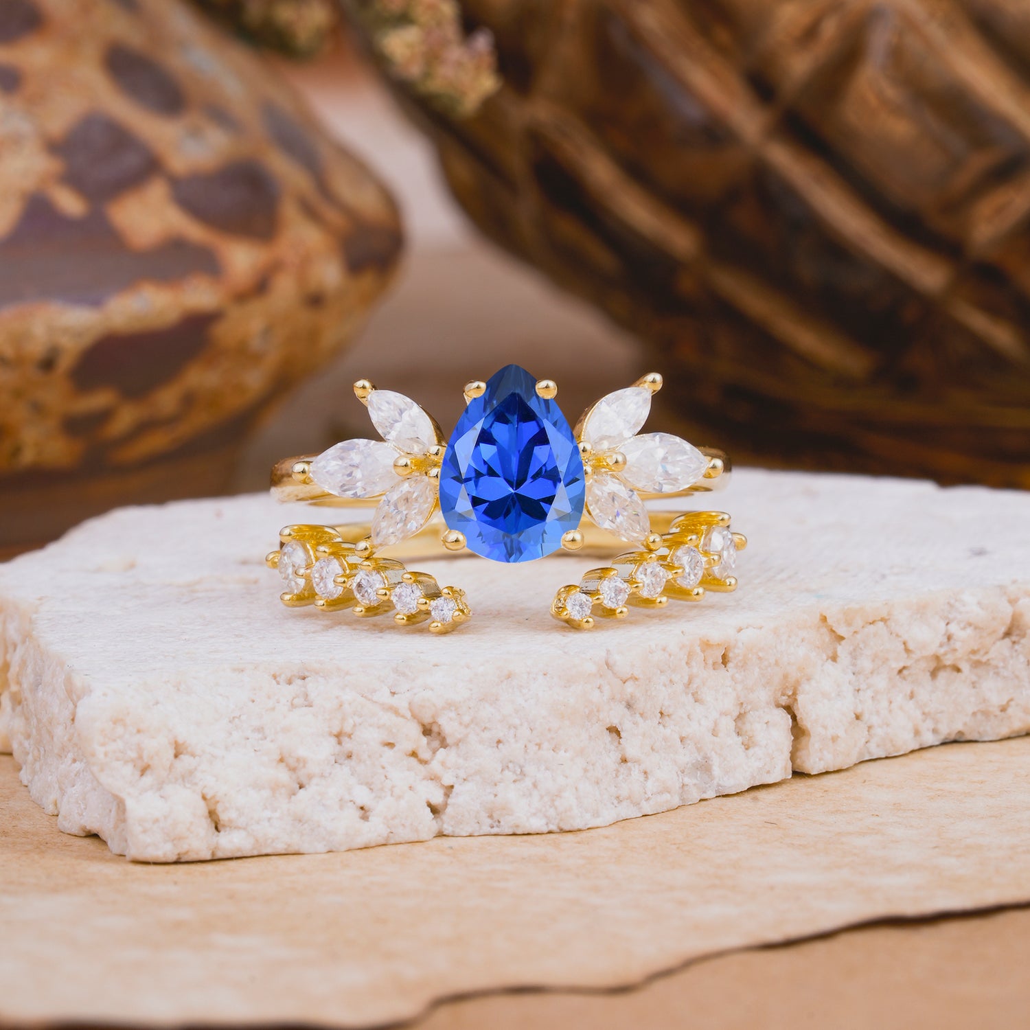 Vintage - Style 4 - Prong Pear - Shaped Sapphire Stackable Bridal Ring Set