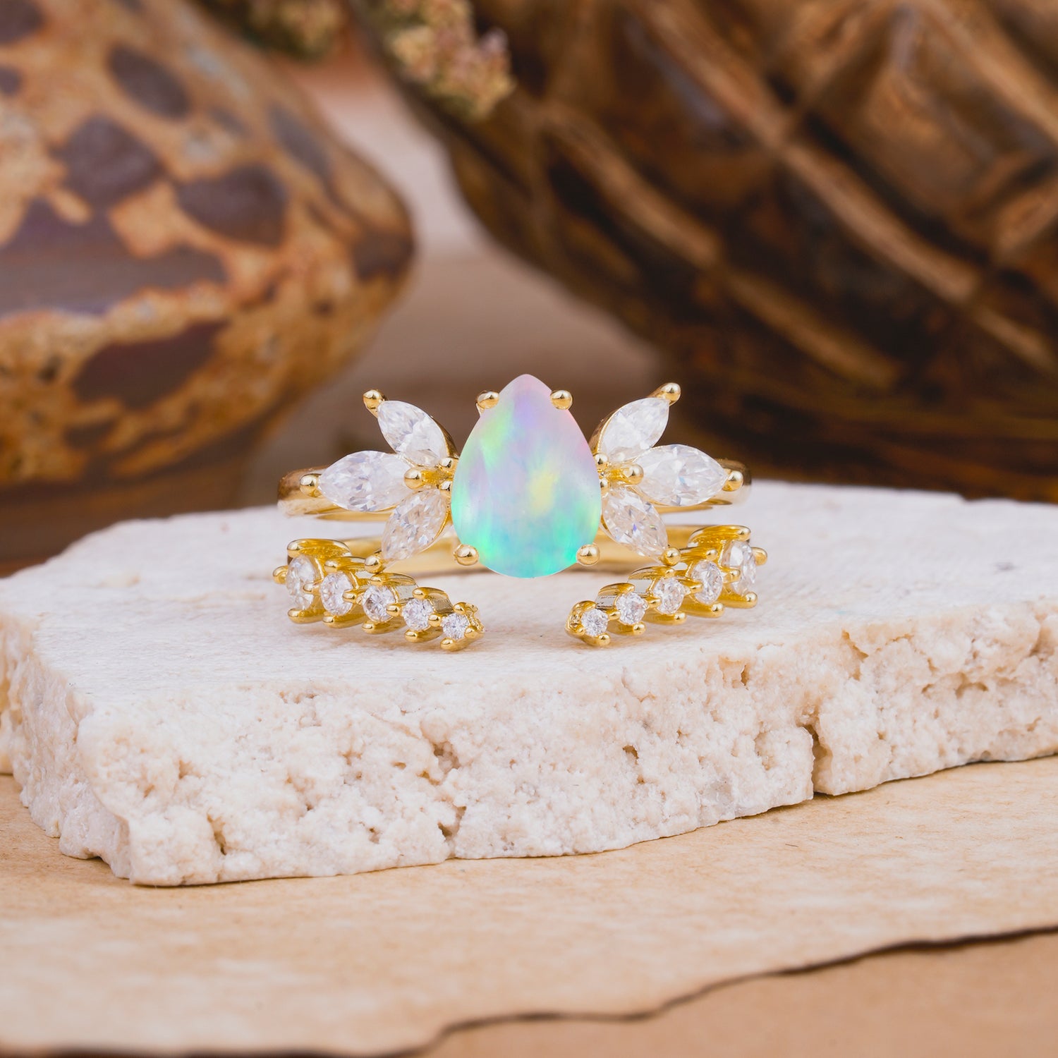 Vintage - Style 4 - Prong Pear - Shaped Opal Stackable Bridal Ring Set