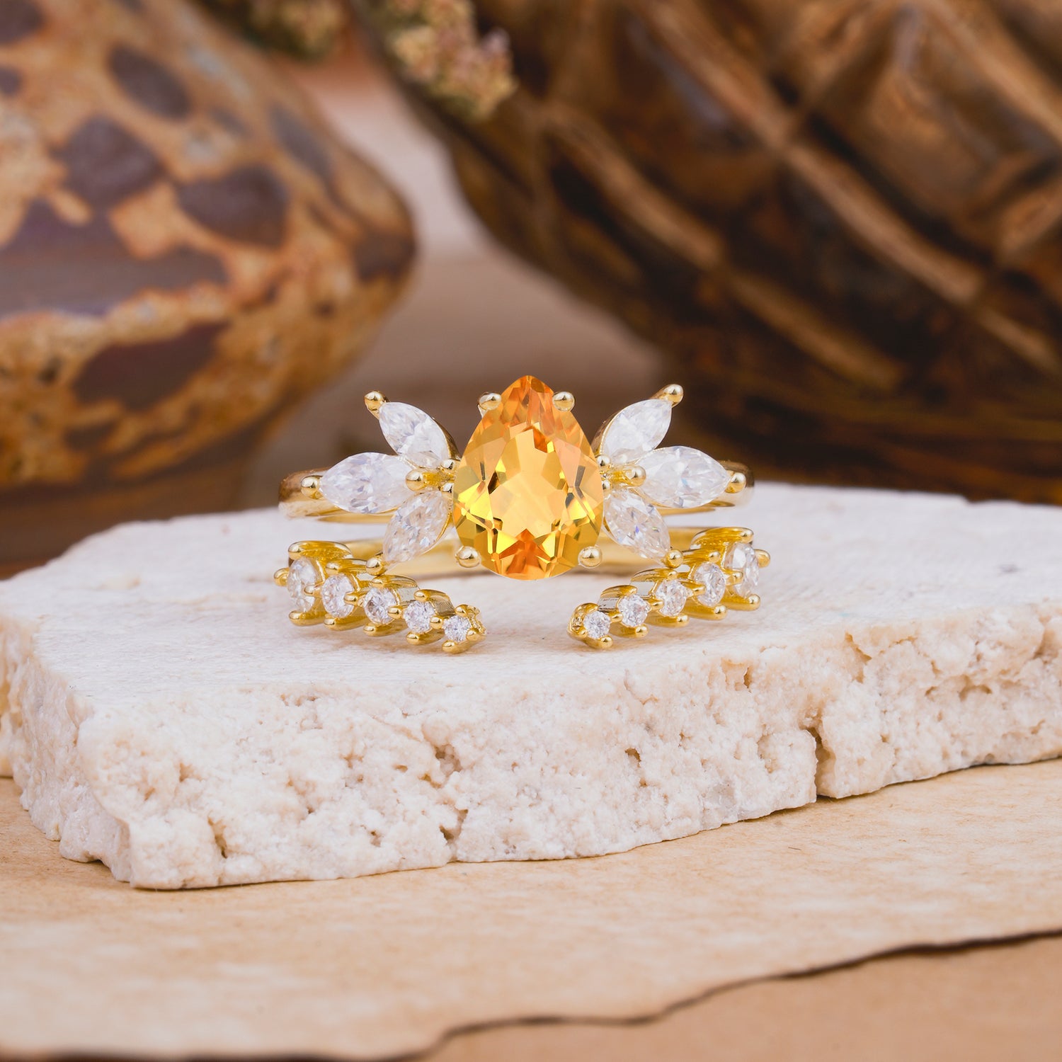 Vintage - Style 4 - Prong Pear - Shaped Citrine Stackable Bridal Ring Set